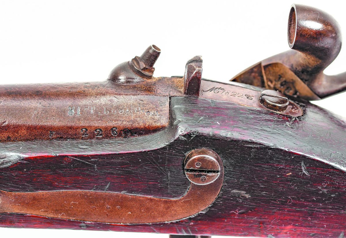 Breech markings and serial number of the St. Etienne made, Mutzig altered French M1822T musket, note the rudimentary rear sight added to the breech plug tang at the time of rifling.