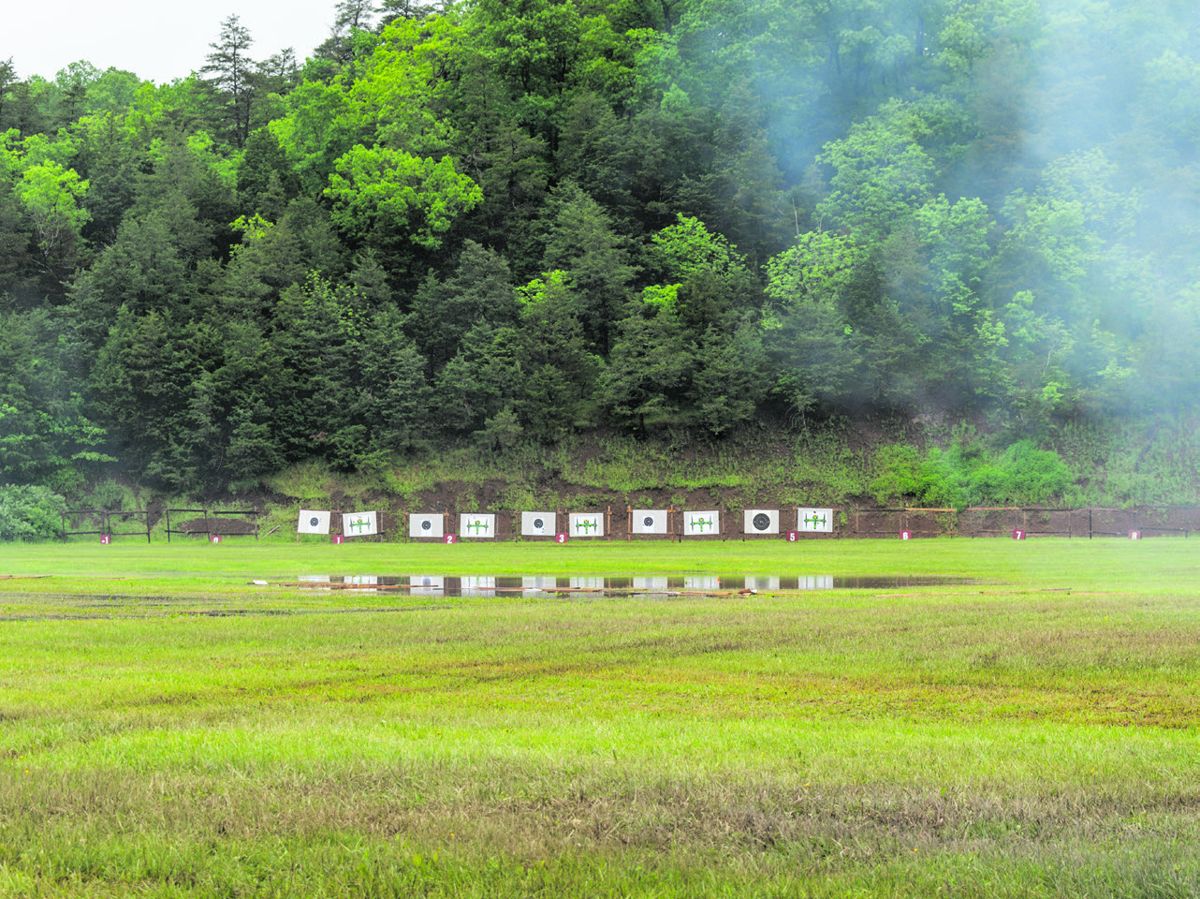 N-SSA National Skirmish artillery targets consist of a bulls- eye and a counter battery (a drawing of an opposing cannon) for each gun crew to fire upon. Here, you can see the targets reflected in the standing water on the range. (Ericka Hoffmann)