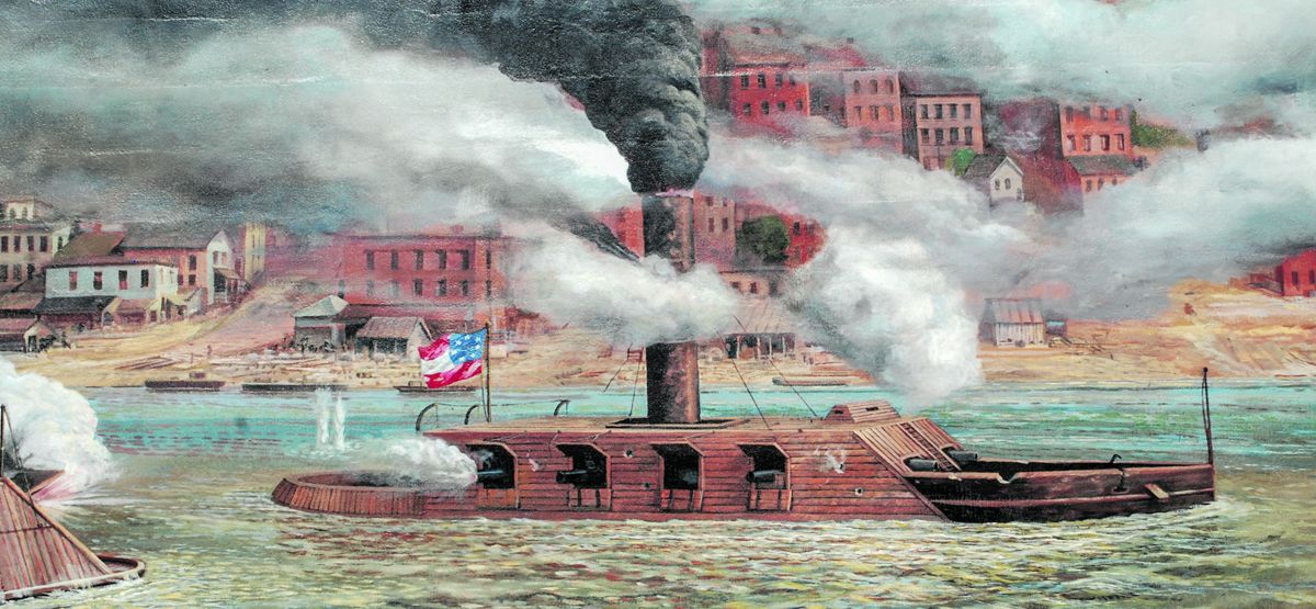 CSS Arkansas steamed through the Union fleet into Vicksburg on July 15, 1862. Ten of her crew were killed and fifteen were wounded. This riverfront mural in Vicksburg depicts the gallant CSS Arkansas as the ironclad ram successfully challenged the ships of the Federal navy.