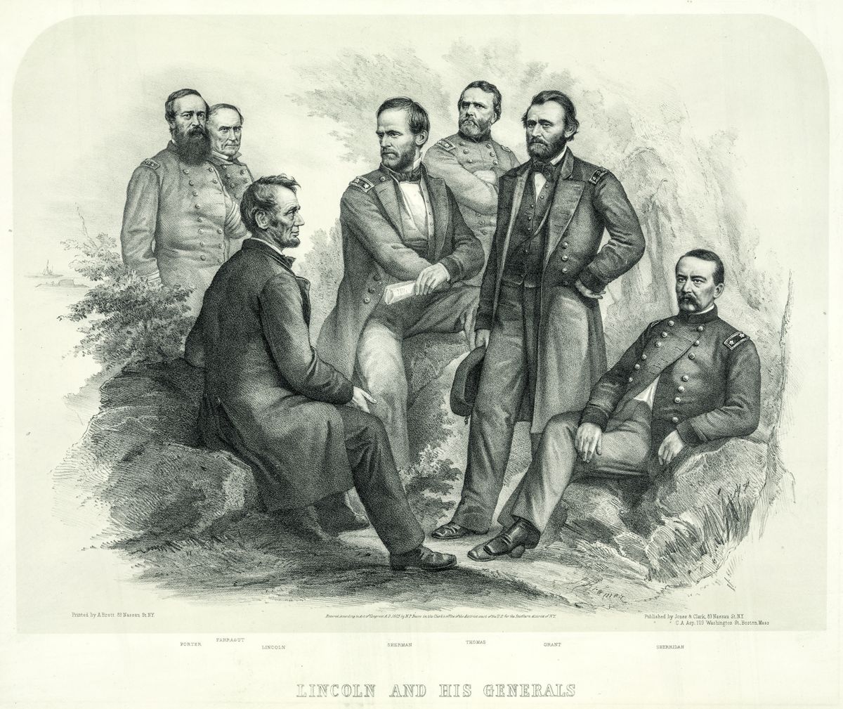 “Lincoln and his Generals.” L-R: Porter, Farragut, Lincoln, Sherman, Thomas, Grant and Sherridan [sic]. (Library of Congress)