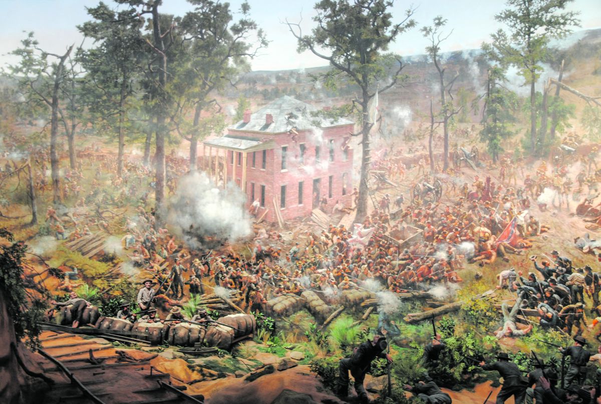 The Battle of Atlanta cyclorama restored to its original 1886 dimensions and appearance. In the foreground, restored 1930s plaster figures rest on a new fiberglass diorama infused with real (All photos courtesy of the Atlanta History Center)
