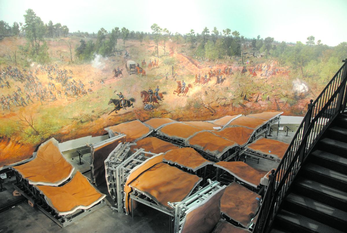 The diorama surface is comprised of pre-fabricated fiberglass sections built on steel frames. The diorama in the Grant Park building was surveyed and photographed so it could be re-created in the new building at the Atlanta History Center.