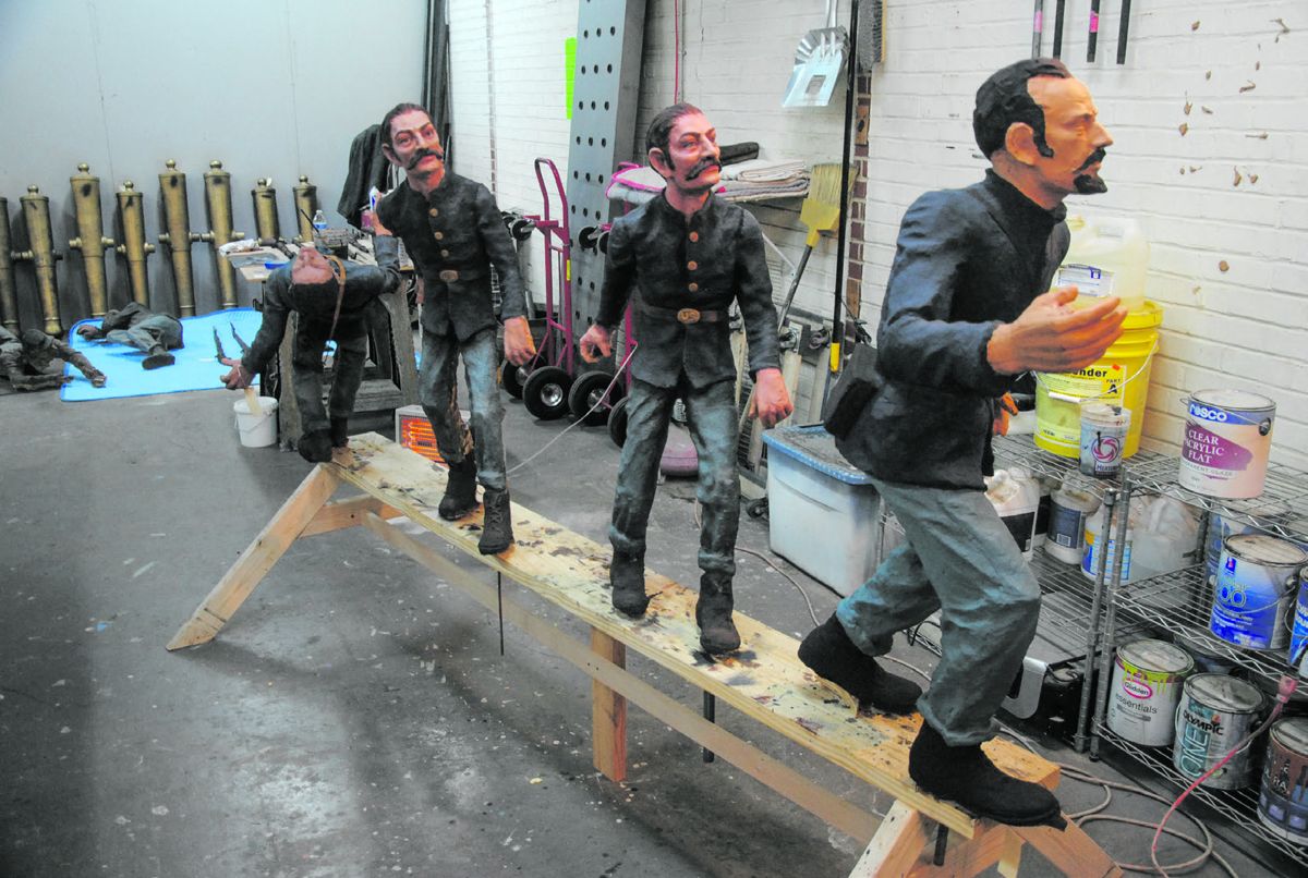All 128 plaster figures were carefully repaired and re-painted at the Atlanta studio of scenic artist Joseph Lazzari. As seen here, many figures have the same faces because the sculptors cast them from the same molds in the 1930s.