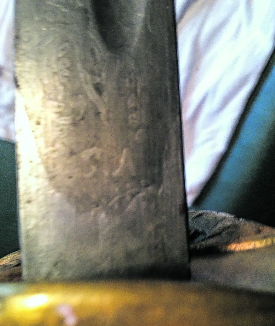 A small “C.S.A.” is etched vertically near ricasso. The change in metal color is due to the blade “fault” where iron and steel were