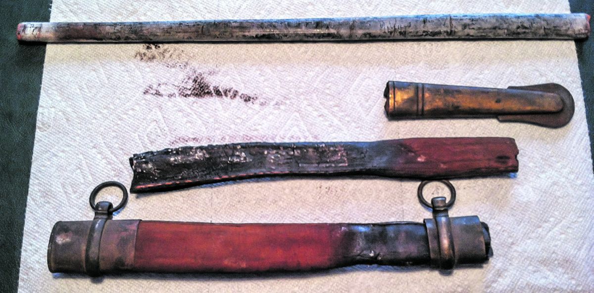 Scabbard may be broken, but the leather can be easily restored by a good conservator. The three brass mounts are very good and this scabbard, though rough, protected the delicate blade