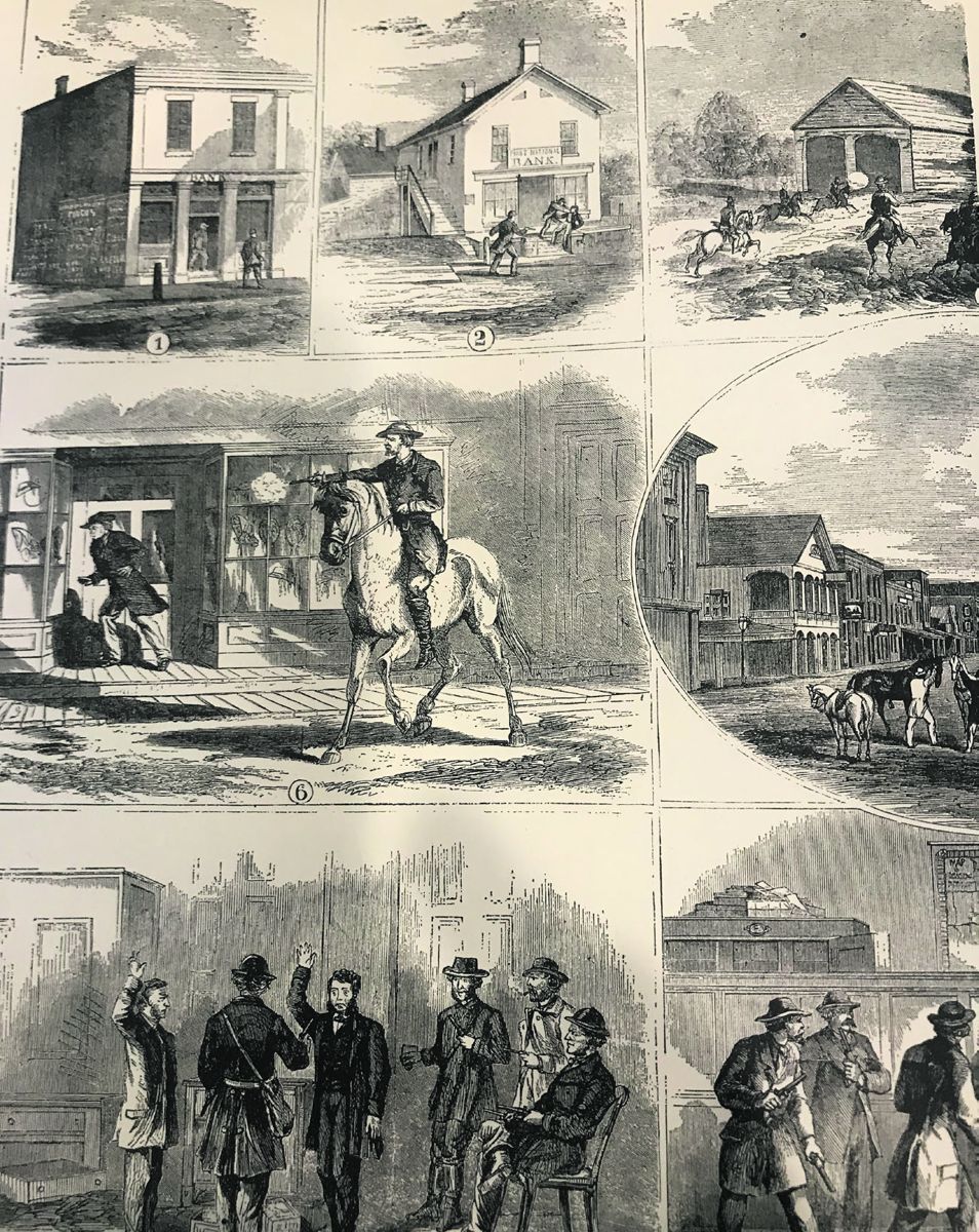 Hugo Fregonese’s 1954 film The Raid opens by showing four illustrations from Frank Leslie’s Illustrated Newspaper in November 1864. #3. Top center, shows the Southerners firing the bridge to block pursuing Union cavalry. #6. Shows a Confederate shooting a civilian in cold blood on the town sidewalk (which didn’t happen—but this is a New York newspaper). Lower center. Confederates rob a bank (true). Lower right. They wake up a civilian at gunpoint (also not documented).