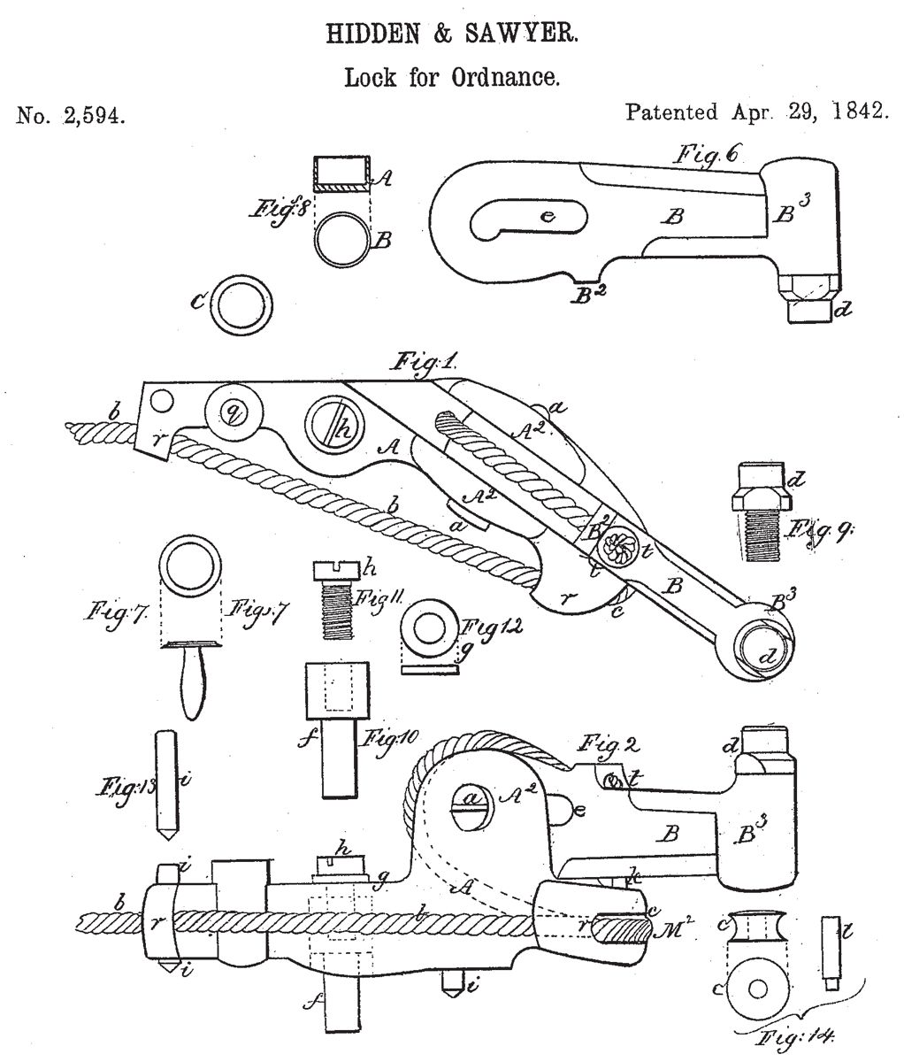 Cannon lock invented by Enoch Hidden. This is the improved percussion version patented by Hidden and Samuel Sawyer on April 29, 1842, no. 2,594. The patent drawing is shown below.