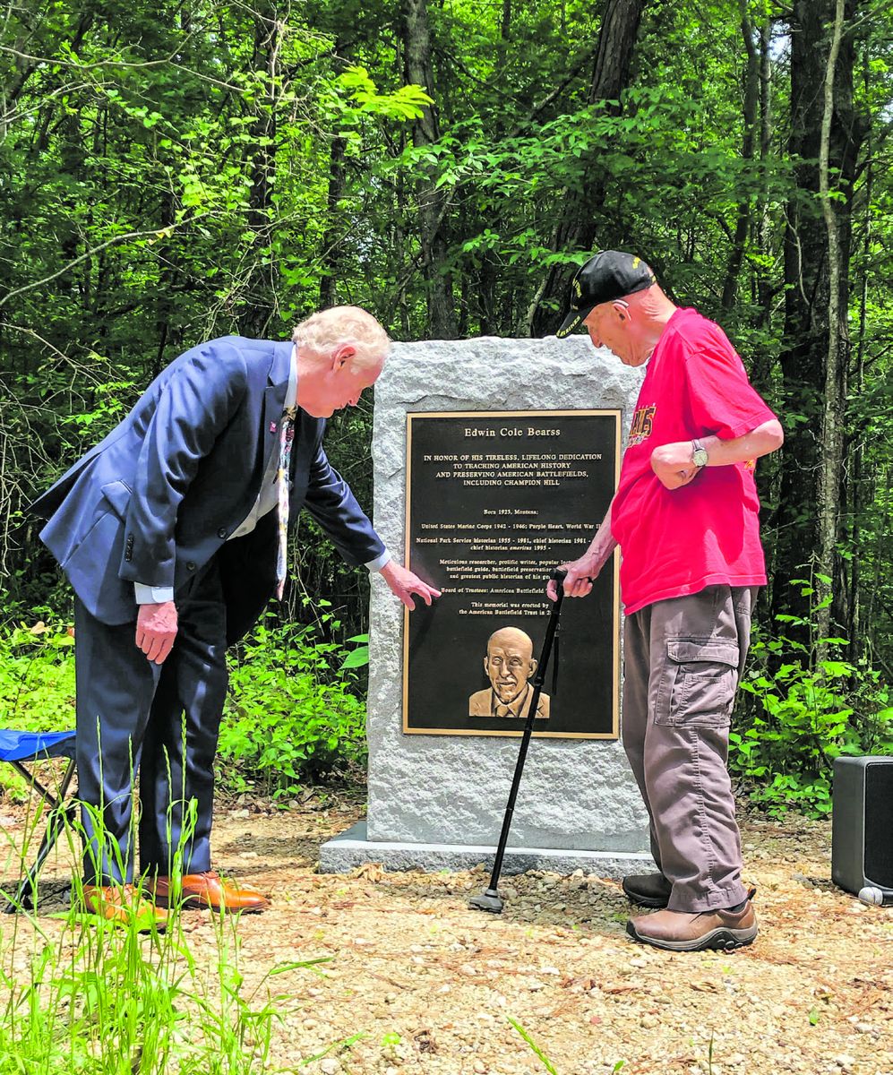 On Friday, May 3, 2019, James Lighthizer, President of the American Battlefield Trust, unveils a monument to Edwin C. Bearss, standing right, at Champion Hill in Hinds County, (American Battlefield Trust)