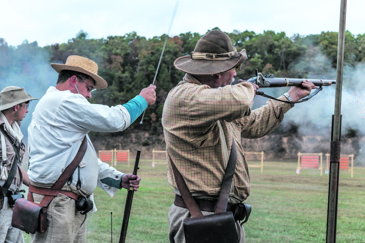 One of the signature events in an N-SSA musket match is the Pigeon Board, consisting of 32 sporting clays mounted on a cardboard backer. The eight-person musket teams compete to hit all of the clay pigeons to clear the board in the least amount of time. 159 musket teams competed in the 140th National musket (Ericka Hoffmann)