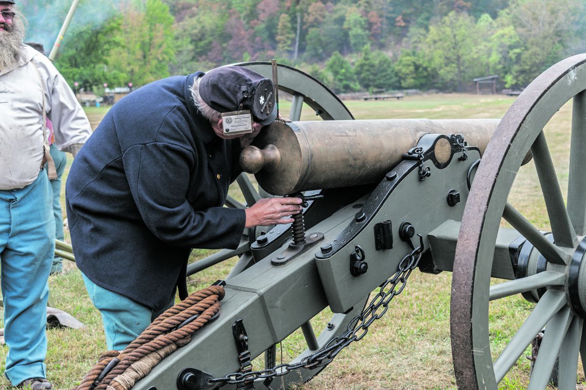 Charlie Smithgall of the 3rd U.S. deftly aims his original 12-pounder field howitzer, manufactured in 1848 by N.P. Ames Manufacturing Company.