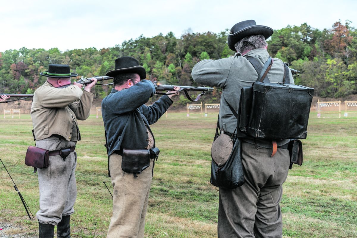 Authentically uniformed Confederate skirmishers load and fire at breakable targets during the musket match. N-SSA units are named after and adopt the uniform of original Civil War units.