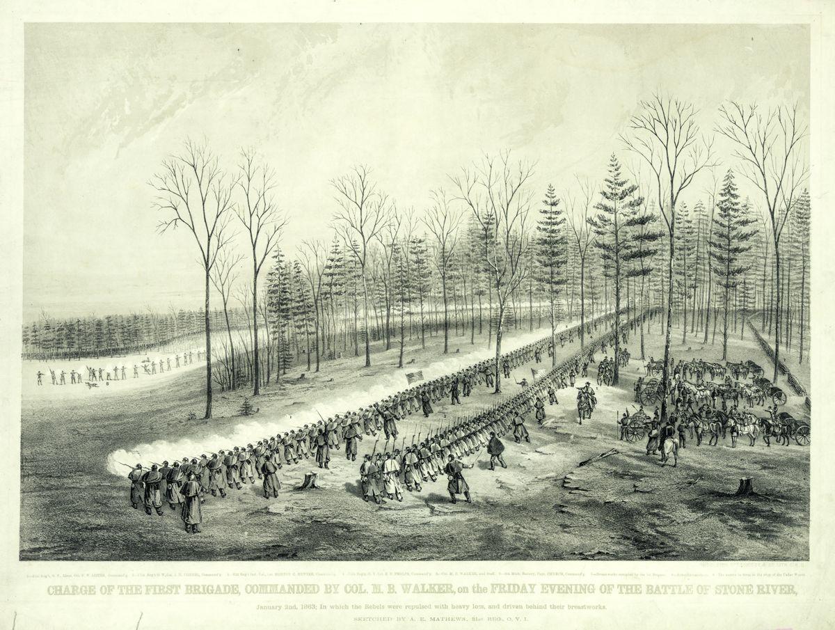Charge of the first brigade, commanded by Col. M.B. Walker, on the Friday evening of the battle of Stone River ... / sketched by A.E. Mathews, 31st. Reg., O.V.I. Middleton, Strobridge, Cincinnati.