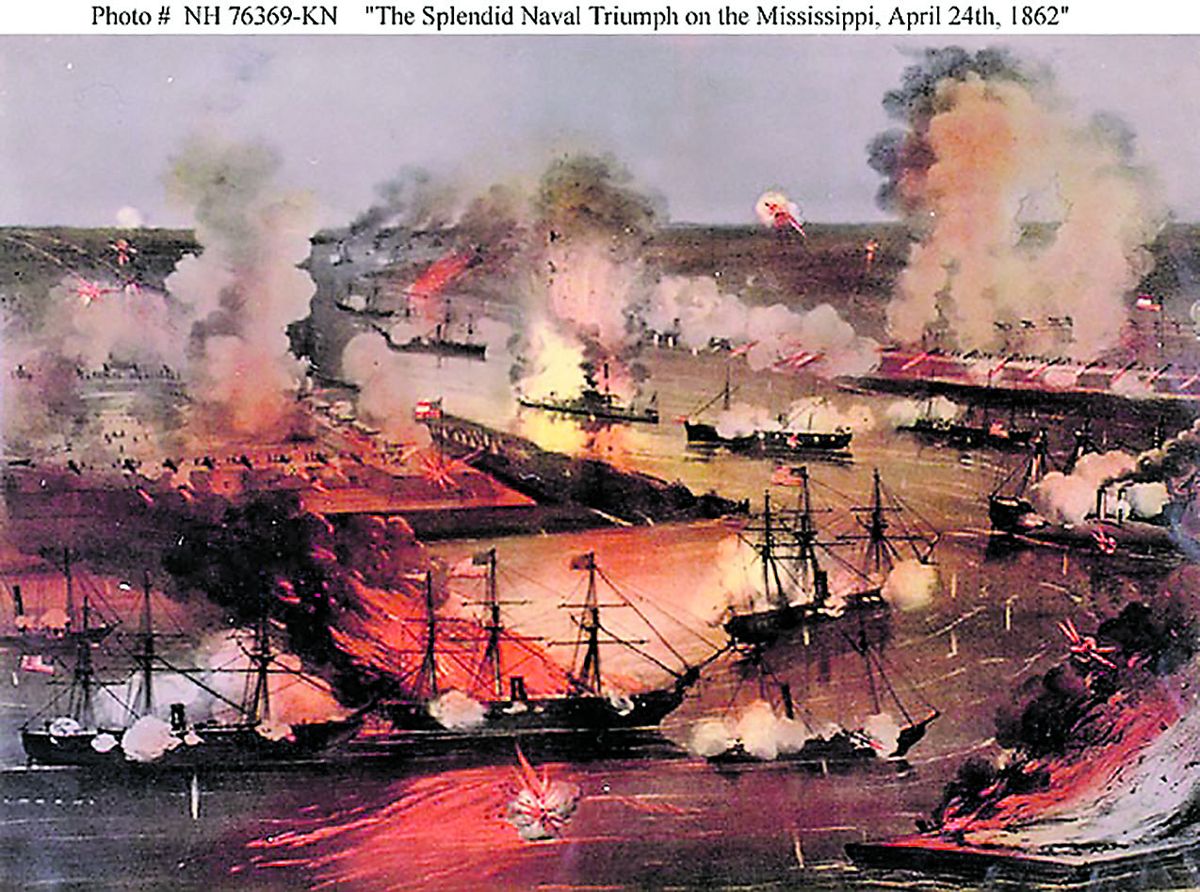 The USS Kineo is in the foreground, 4th ship from the left, in this famous lithograph of Farragut’s fleet passage of the forts. (Naval History and Heritage Command, photo NH 76369-KN.)
