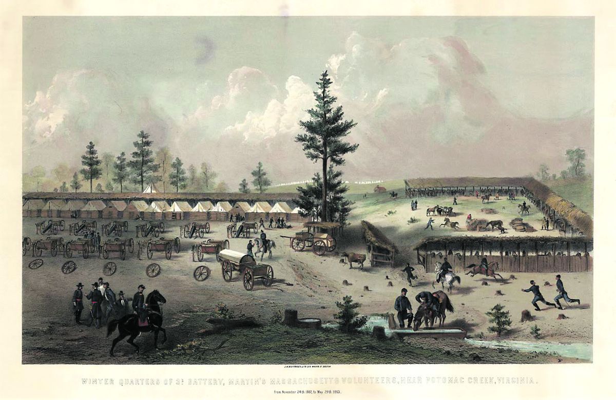 “Winter Quarters of 3d Battery, Martin’s Massachusetts Volunteers, Near Potomac Creek, Virginia from November 24th to May 29th, 1863.” (Courtesy The Old Print Shop, New York City.)
