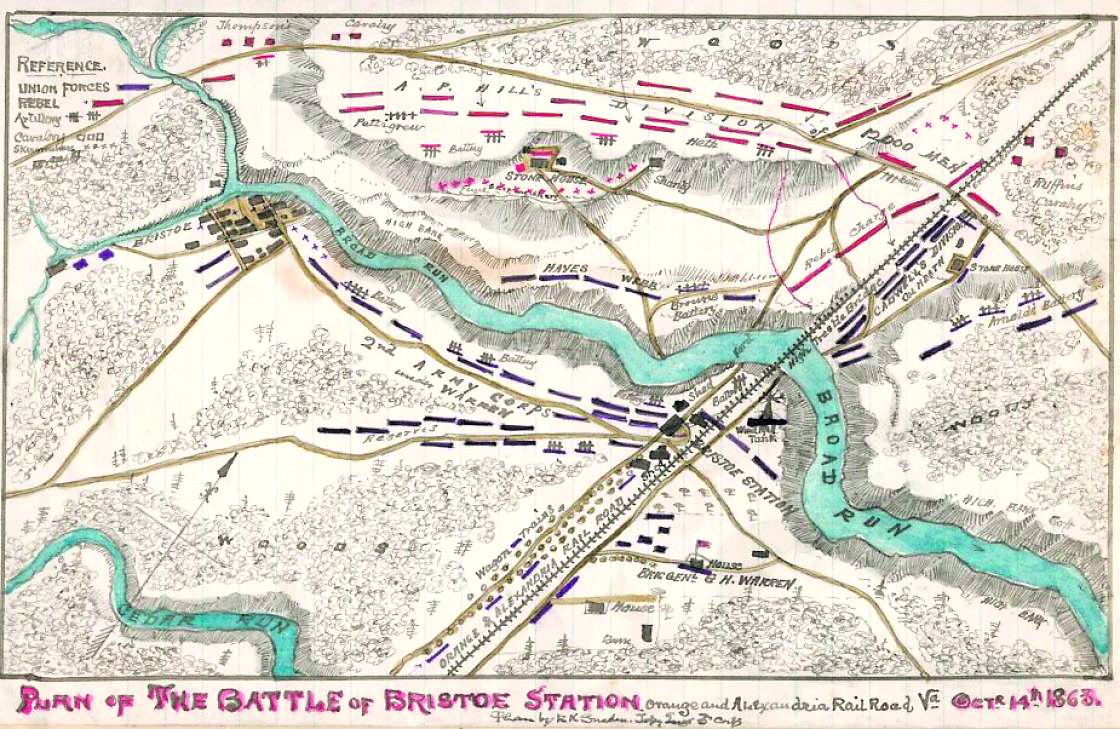 Plan of the Battle of Bristoe Station, Orange and Alexandria Railroad, Va., Octr. 14th 1863. Shows the area of Fairfax County, Va., which was the site of the Battle of Bristoe Station. The map is oriented with Cedar Run to the south, Bristoe to the west and indicates the route of the Orange and Alexandria Railroad. Also indicated are A.P. Hill’s Corps, Army of Northern Virginia, engaging the Union’s II Corps during its withdrawal toward Centreville, Va. (Artist Robert Knox Sneden,