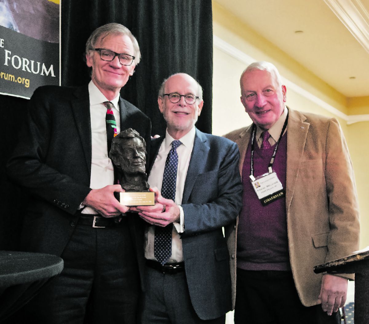 Frank J. Williams (right) and Harold Holzer (center) present 2018 Richard Nelson Current Award to historian David Blight.