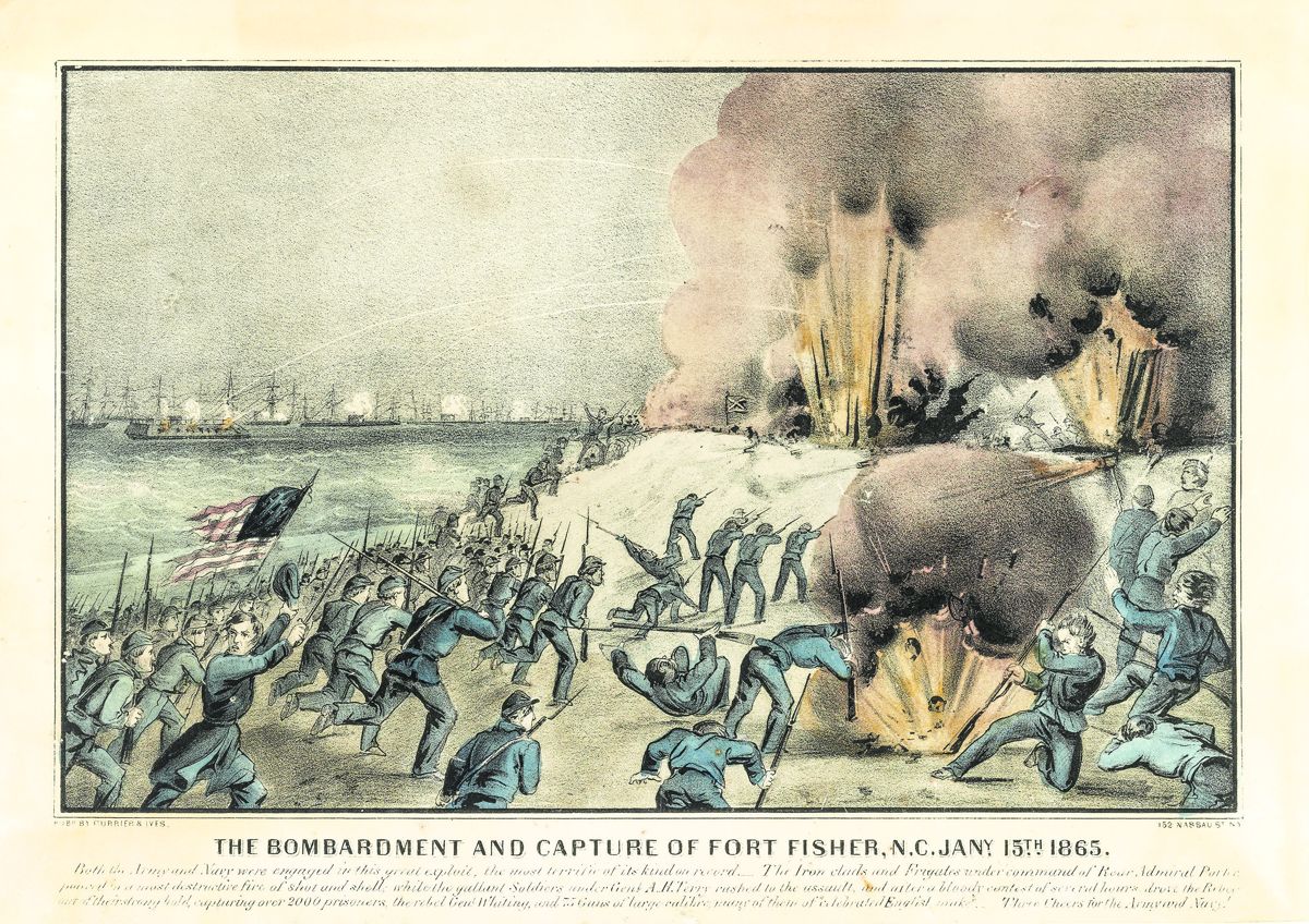 “The bombardment and capture of Fort Fisher, N.C. Jany. 15th 1865.” Currier & Ives print shows Union soldiers during the attack on Fort Fisher, North Carolina, with Union warships, just offshore, bombarding the fort.