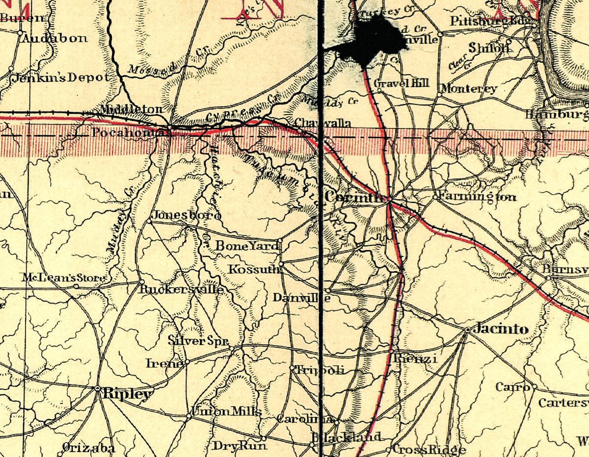Map of the area in which the pursuit took place. Note Pittsburg Landing (Shiloh) in the upper right.