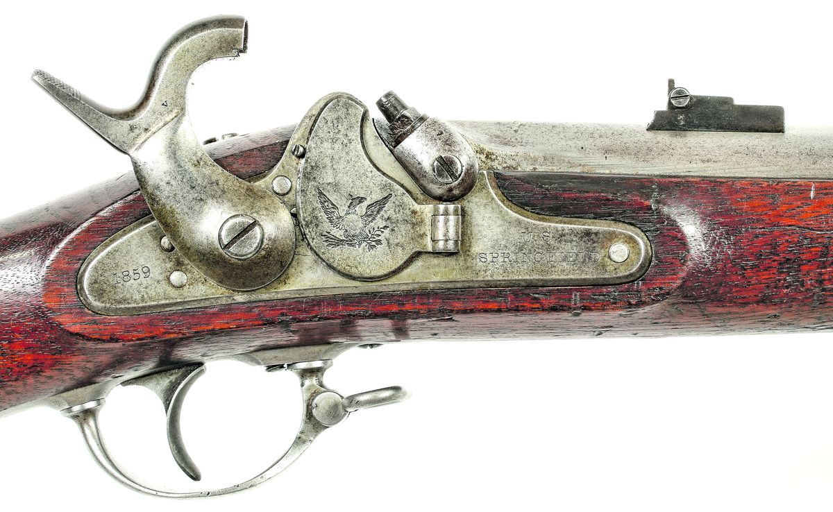 Close up of the lock and rear sight of the 1859 dated M1858 Type II Cadet rifle musket.