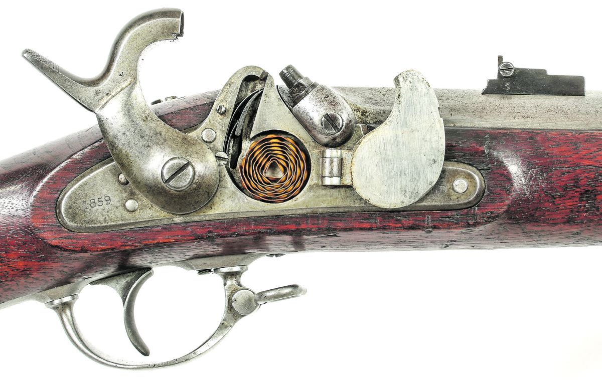 Close up of the lock and rear sight of the 1859 dated M1858 Type II Cadet rifle musket.