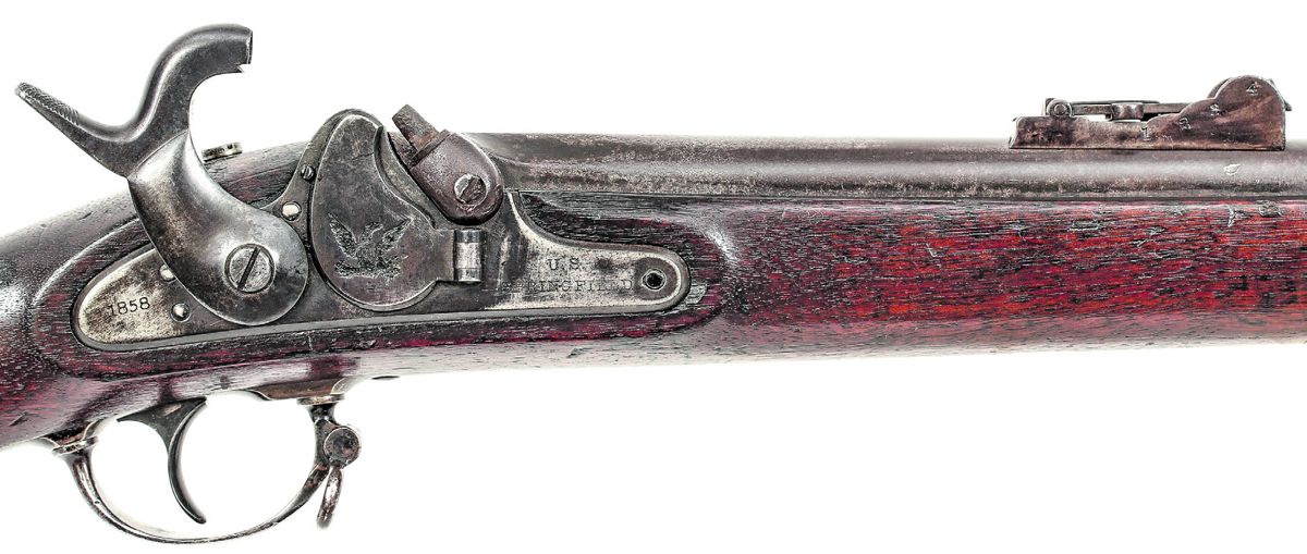 Close up of the lock and rear sight of the 1858 dated M1858 Cadet rifle musket.
