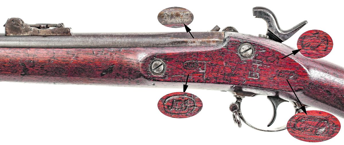 Counterpane of the 1858 dated M1858 Cadet rifle musket showing the New Jersey surcharges on the barrel and lock and the Springfield Arsenal inspection cartouches.