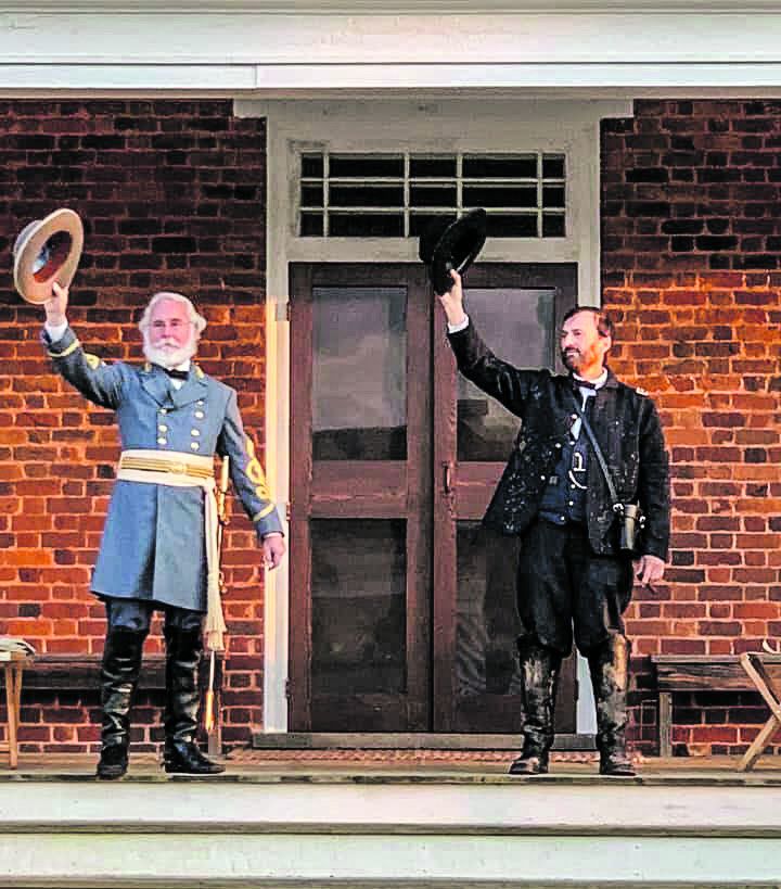 “Appomattox: The Last 48 Hours.” General Lee’s immaculate uniform and appearance are in sharp contrast to that of Grant; mud-spattered, no spurs or hat cords, wearing a privates’ blouse. (Thomas Jessee as General Lee and Curt Fields as