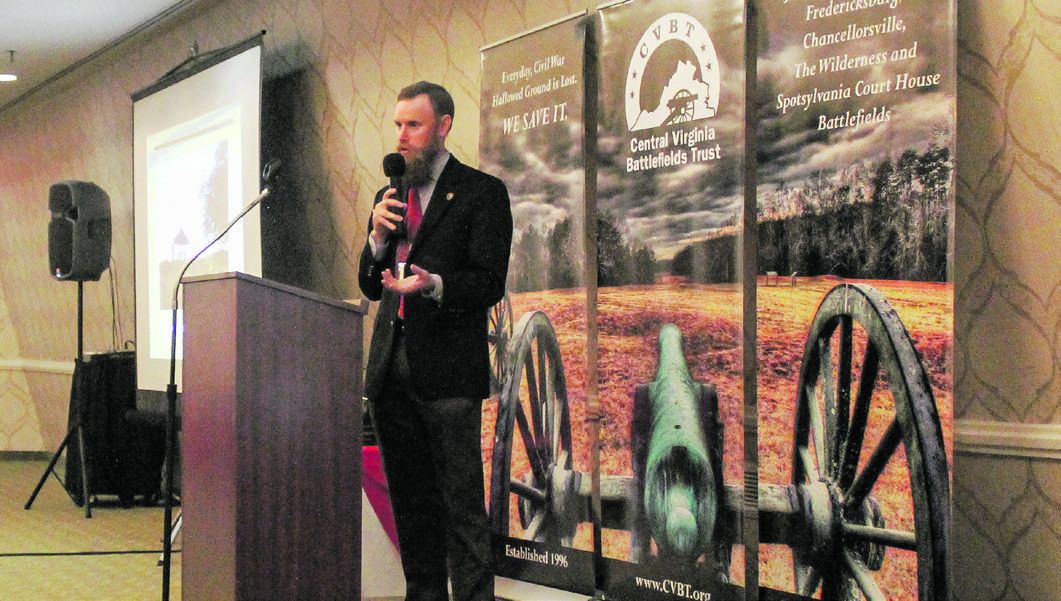 CVBT Dinner keynote speaker Manassas Battlefield NPS superintendent and archaeologist, Brandon Bies, mesmerizes audience with details of recent surgeon’s burial pit find and forensic science analysis.