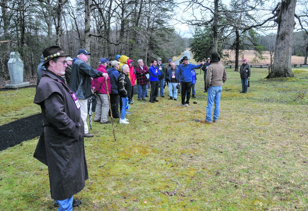 Tour group with Gordon C. Rhea at Spotsylvania’s Co-Tour Guides Chris Mackowski and John addresses Bloody Angle.