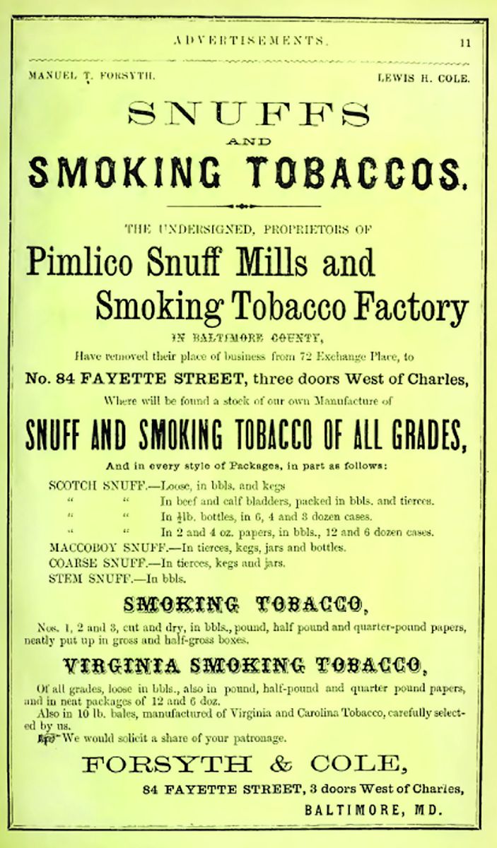Pimlico Snuff Mills and Smoking Tobacco Factory ad.