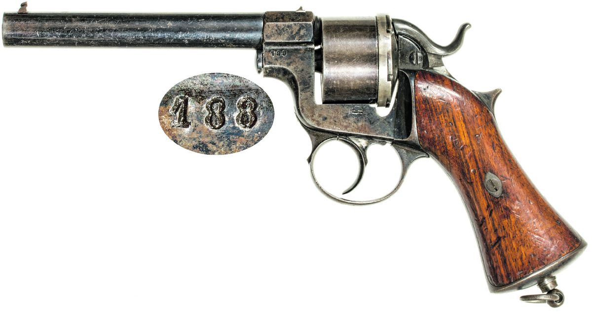 Reverse of Pidault-Cordier Model 1860 “Raphael” Revolver #188, with serial number from the frame web, forward of the cylinder, shown in the inset.