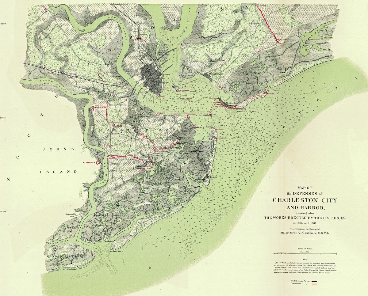 Map of the defenses of Charleston City and harbor from the Official Records Atlas.