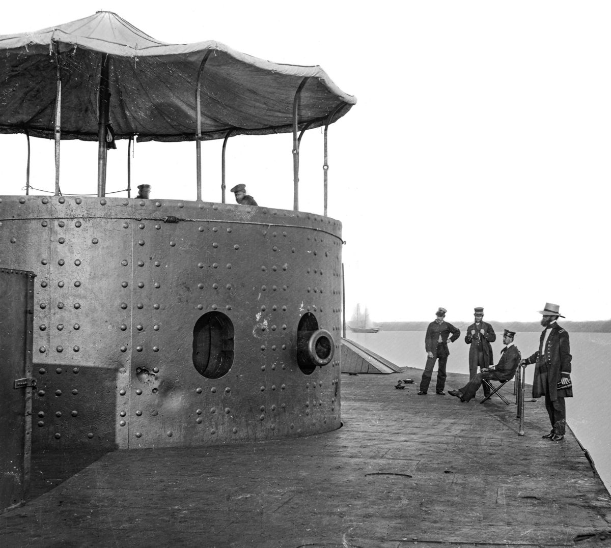 James River, Va. Deck and turret of USS Monitor seen from the bow. (Library of Congress)