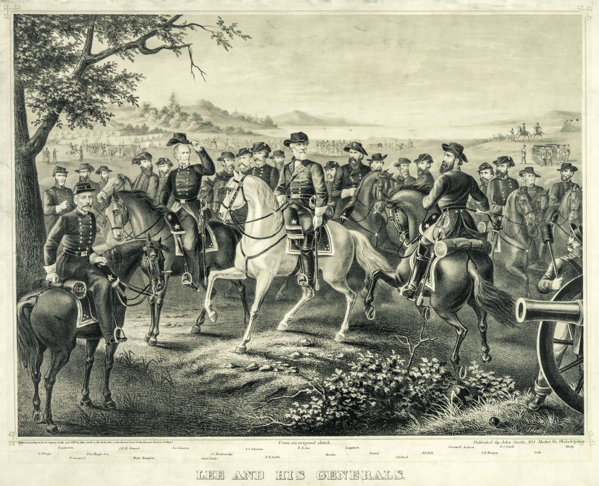 Lee and his Generals. Left to right: Braxton Bragg, John Pemberton, P.G.T. Beauregard, Fitx Hugh Lee, J.E.B. Stewart, Wade Hampton, Joe Johnston, Jubal Early, J.C. Breckinridge, A.S. Johnston, E.K. Smith, R.E. Lee, W.J. Hardee, James Longstreet, N.B. Forrest, J.B. Hood, A.P. Hill, Stonewall Jackson, J.H. Morgan, R.S. Ewell, Leonidas Polk, and J.S. Mosby. (Library of Congress)