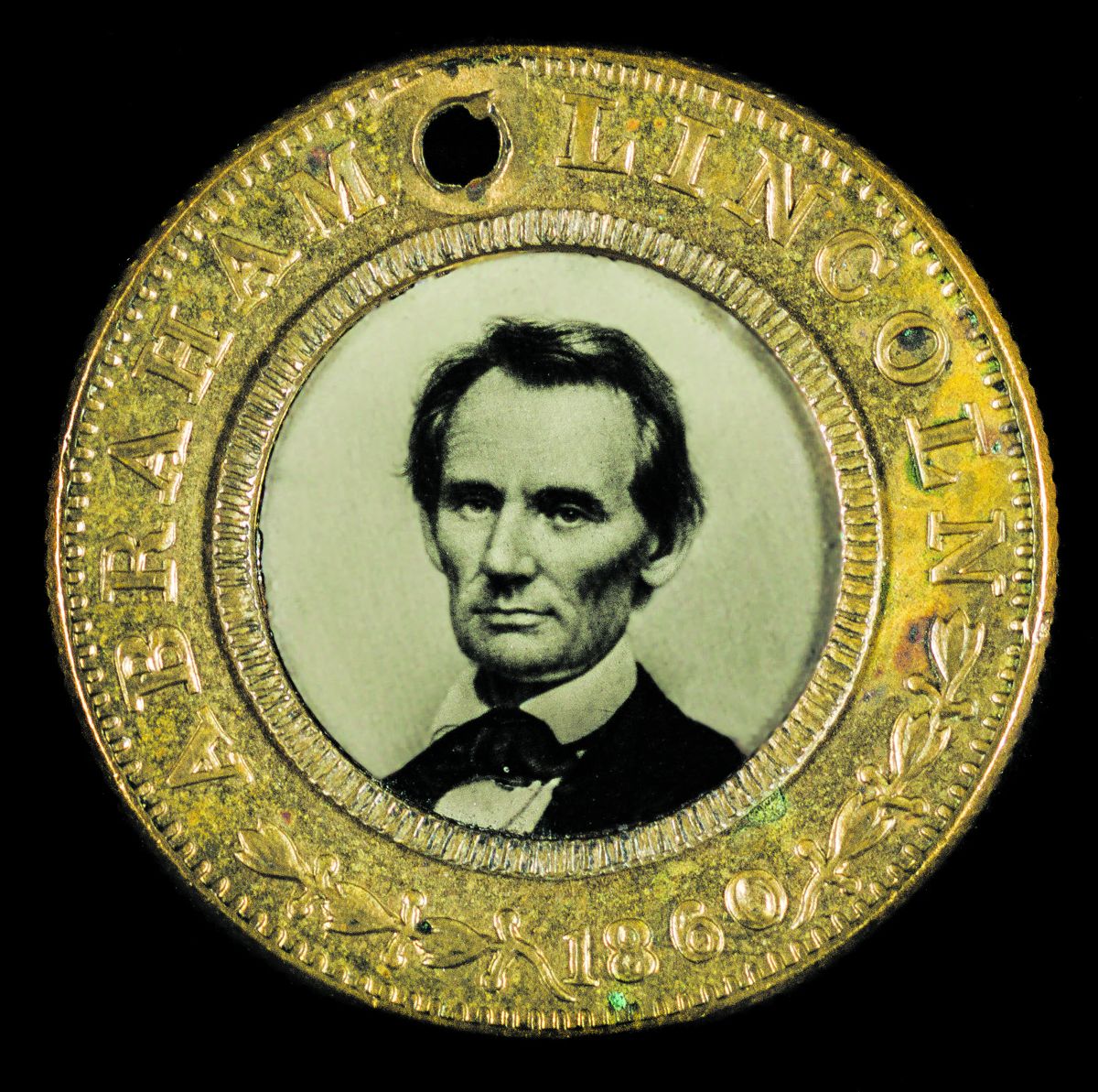 Abraham Lincoln-Hannibal Hamlin campaign button for 1860 presidential election. These small buttons were manufactured by the thousands.