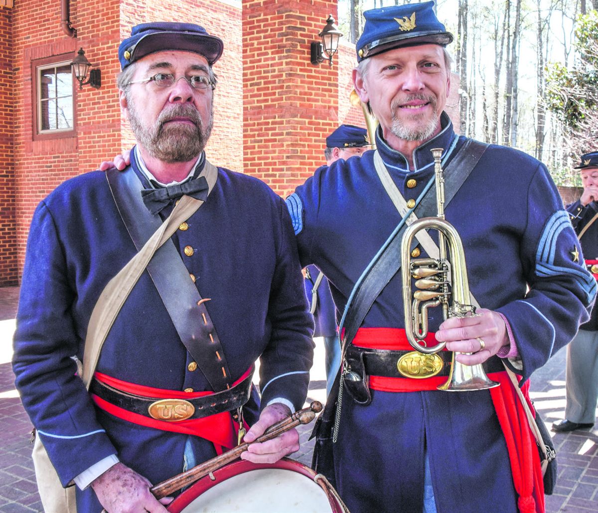 Garman Bowers, Jr., and Jeff Stockham (left to right) performed with the Federal City Brass Band at Jamestown Settlement.