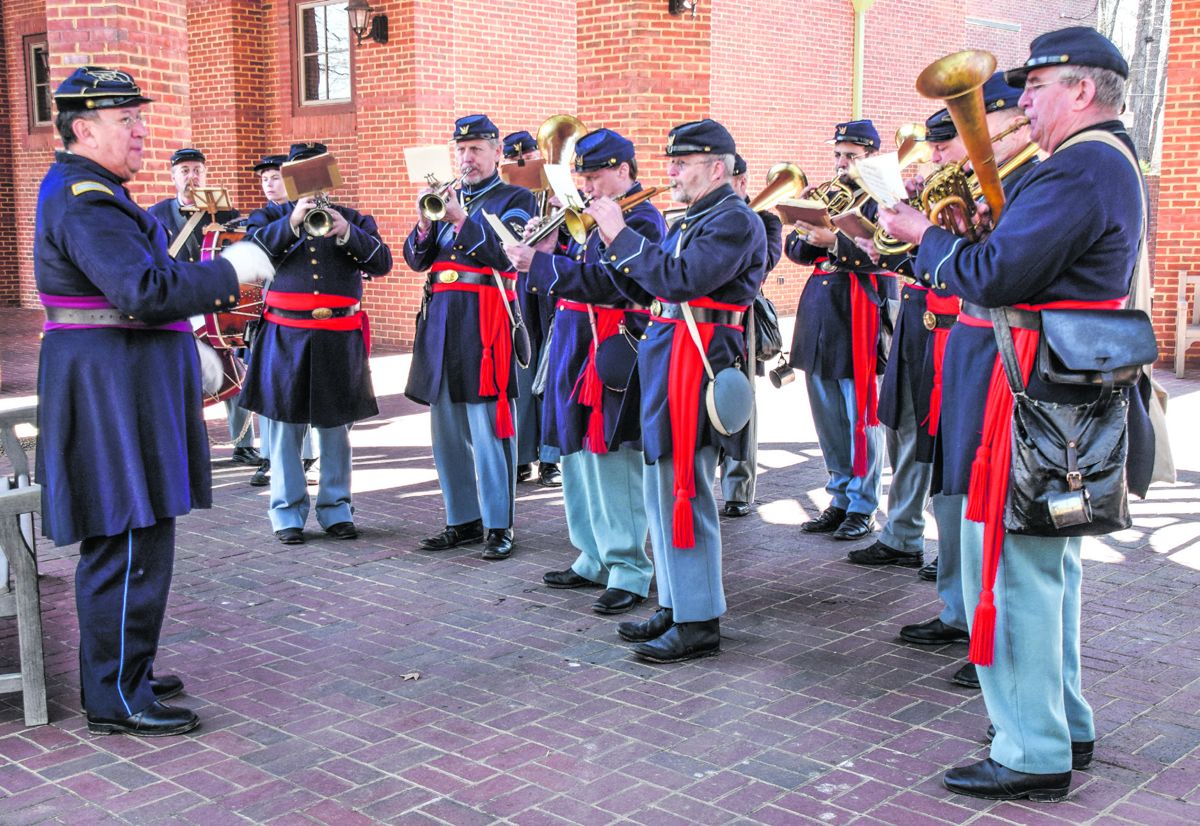 Jari Villanueva (left) conducting at Jamestown Settlement during Military Through the Ages weekend.