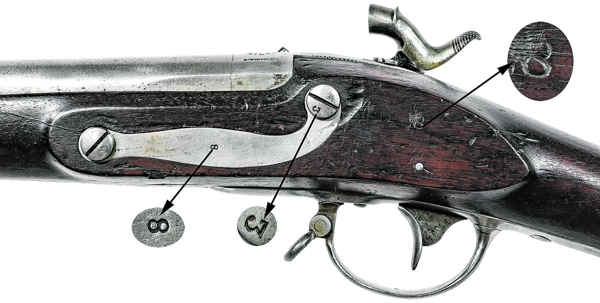 Counterpane of the City of Philadelphia musket showing the lack of US inspection marks and the assembly numbers.