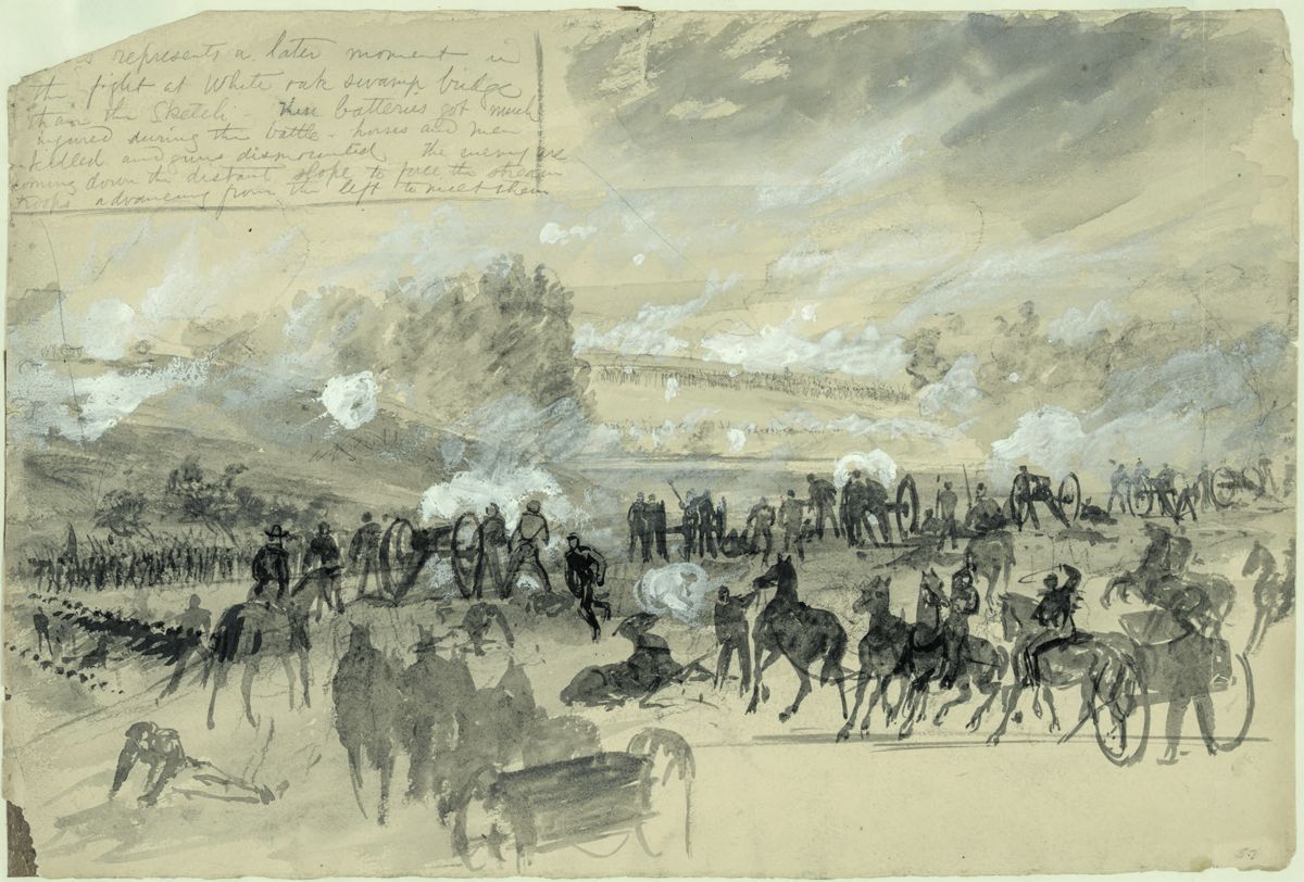 Battle at White Oak Swamp Bridge, by Alfred R. Waud.