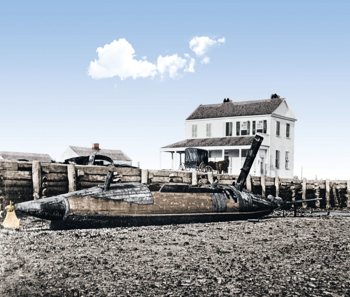 Confederate David-type torpedo boat abandoned at Charleston, S.C., after the city’s capture by Federal forces, 1865. Colorization © 2019 civilwarincolor.com courtesy civilwarincolor.com/cwn. (Naval History and Heritage Command)