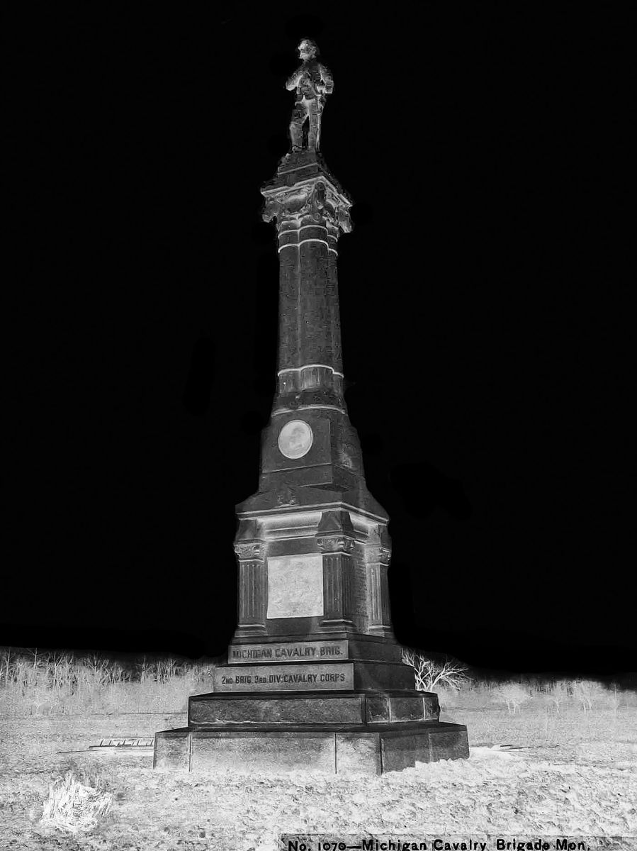 Michigan Cavalry Brigade monument located east of Gettysburg on East Cavalry Battlefield. This monument was dedicated by the State of Michigan on June 12, 1889. (Sue Boardman Collection)