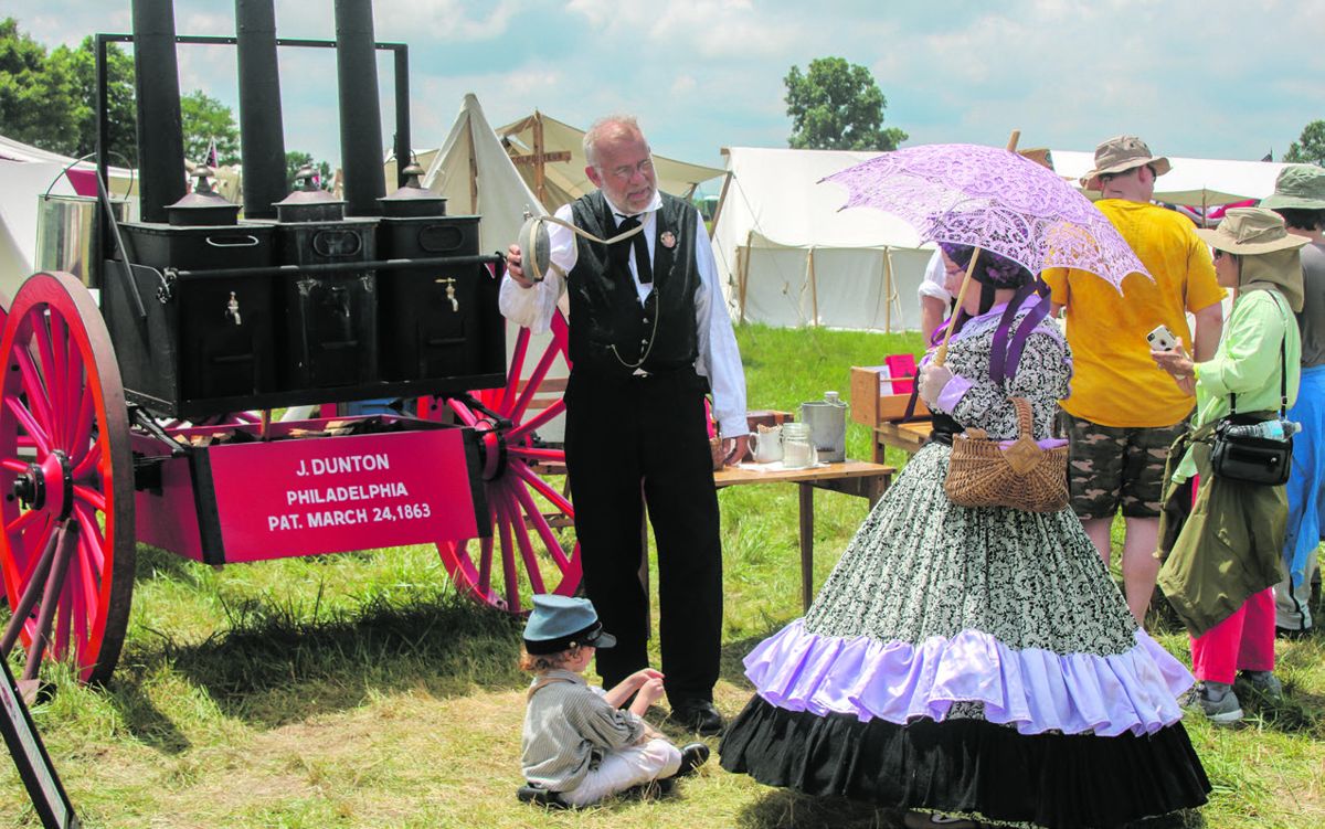 Rev. Alan Farley’s restored U.S. Christian Commission coffee wagon attracted lots of attention in the living history camp where free hot coffee was provided. The wagon could produce up to 180 gallons of coffee per hour.