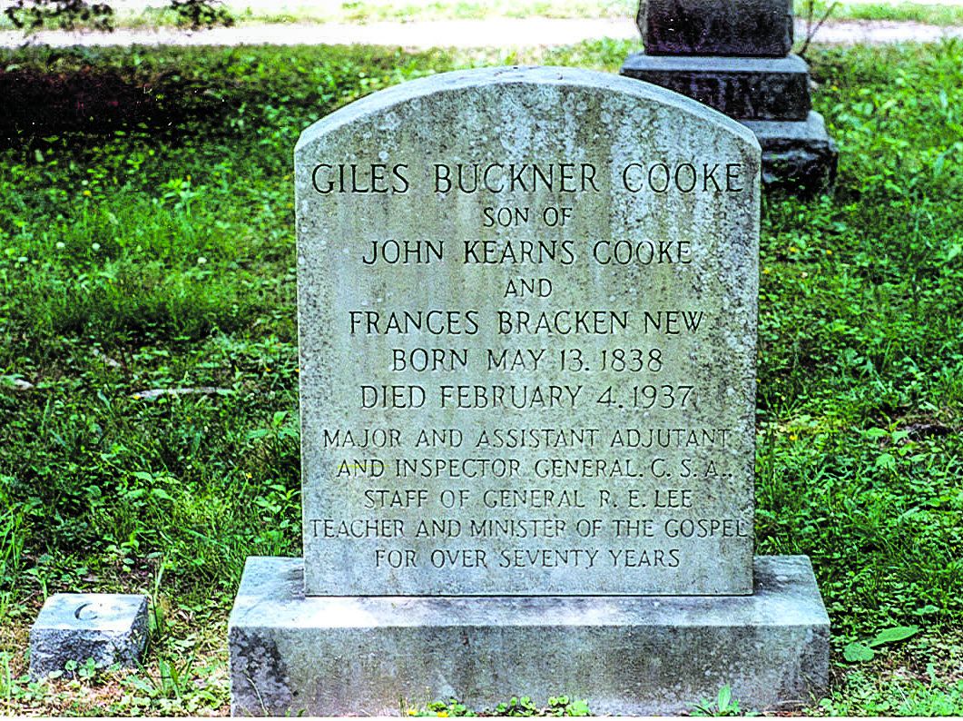 Reverend Cooke’s monument, Ware Churchyard in Gloucester, Va., relates that Cooke served on General R. E. Lee’s staff and that he was a teacher and minister for more than 70 years.