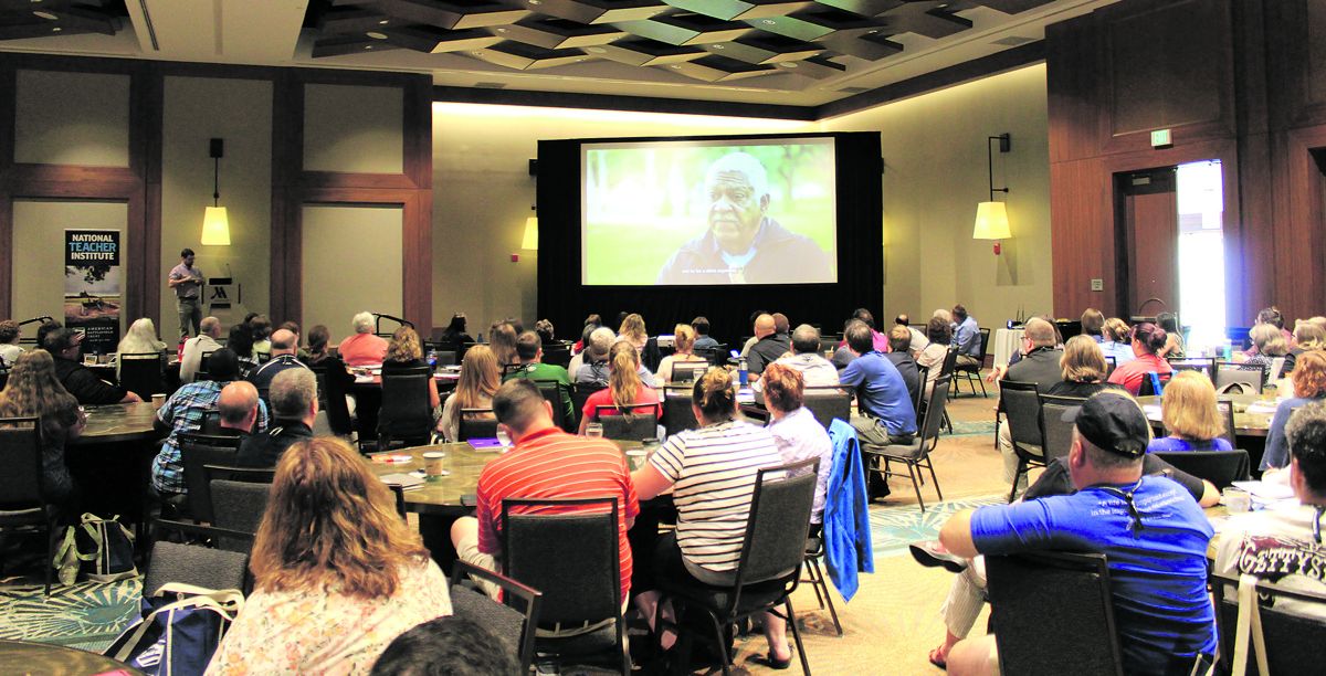 Attendees at the American Battlefield Trust’s 2019 National Teacher Institute view a video created as part of the Trust’s “Brothers In Valor” project, featuring Medal of Honor recipient Melvin Morris discussing the role of fellow Medal of Honor recipient William Carney and the 54th Massachusetts Infantry at Battery Wagner.
