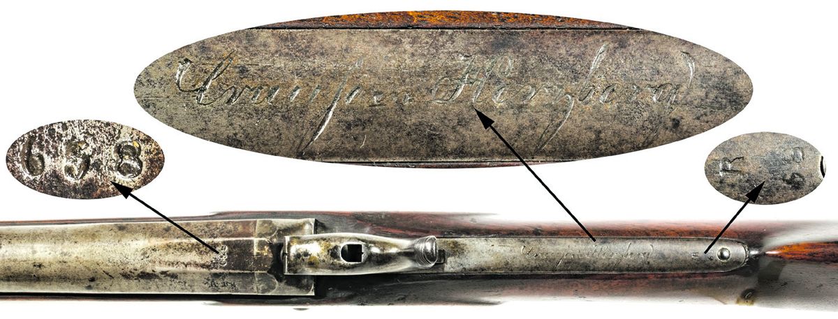 Breech and tang area of “Cyclops” #658 showing the serial number, Crause in Herzberg tang mark, and inspection and partial serial number on tang in detail.