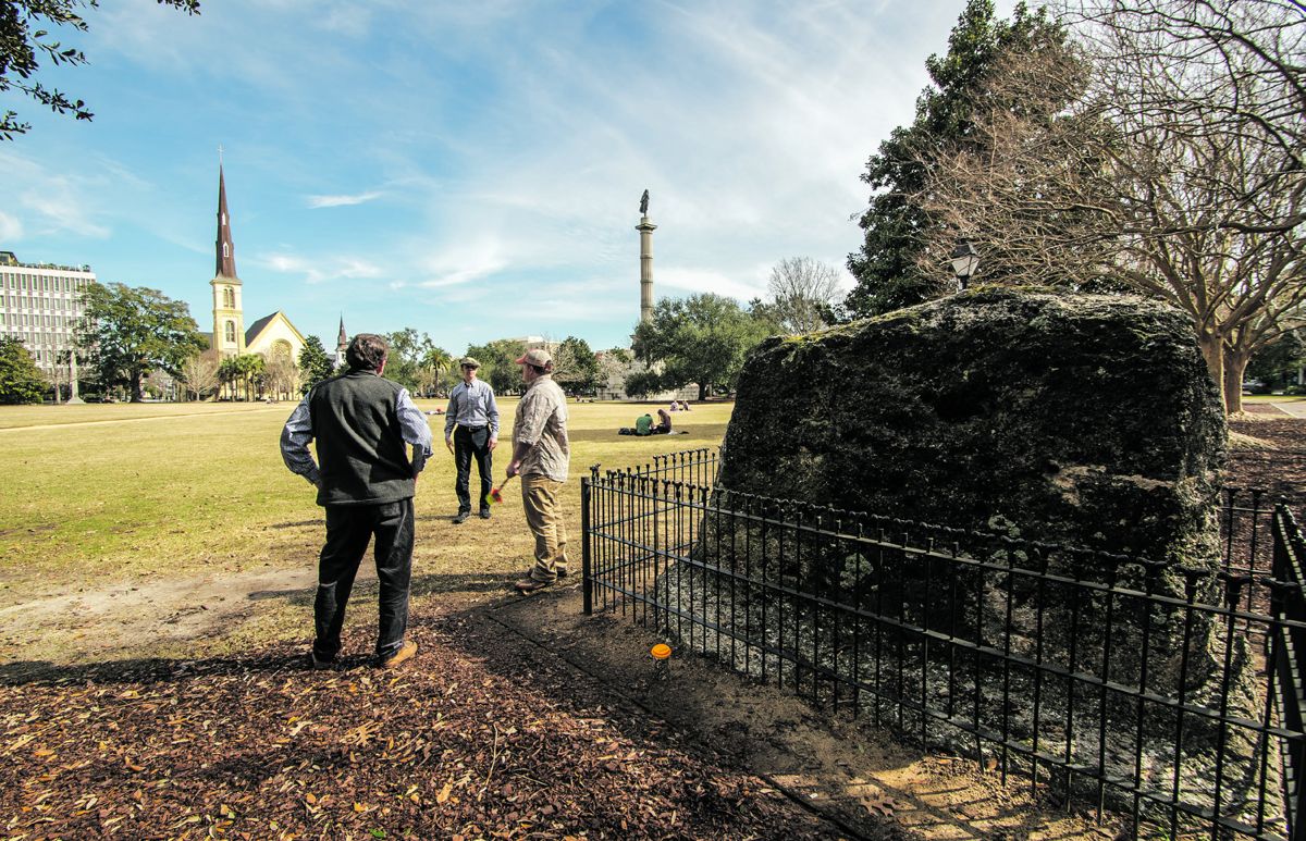 Students from Clemson and College of Charleston stand alongside the only remaining visible portion of the Revolutionary War-era “hornwork,” part of the 18th-century defenses of Charleston, S.C. The remains are located in Marion Square in downtown Charleston. (Sarah Nell Blackwell)
