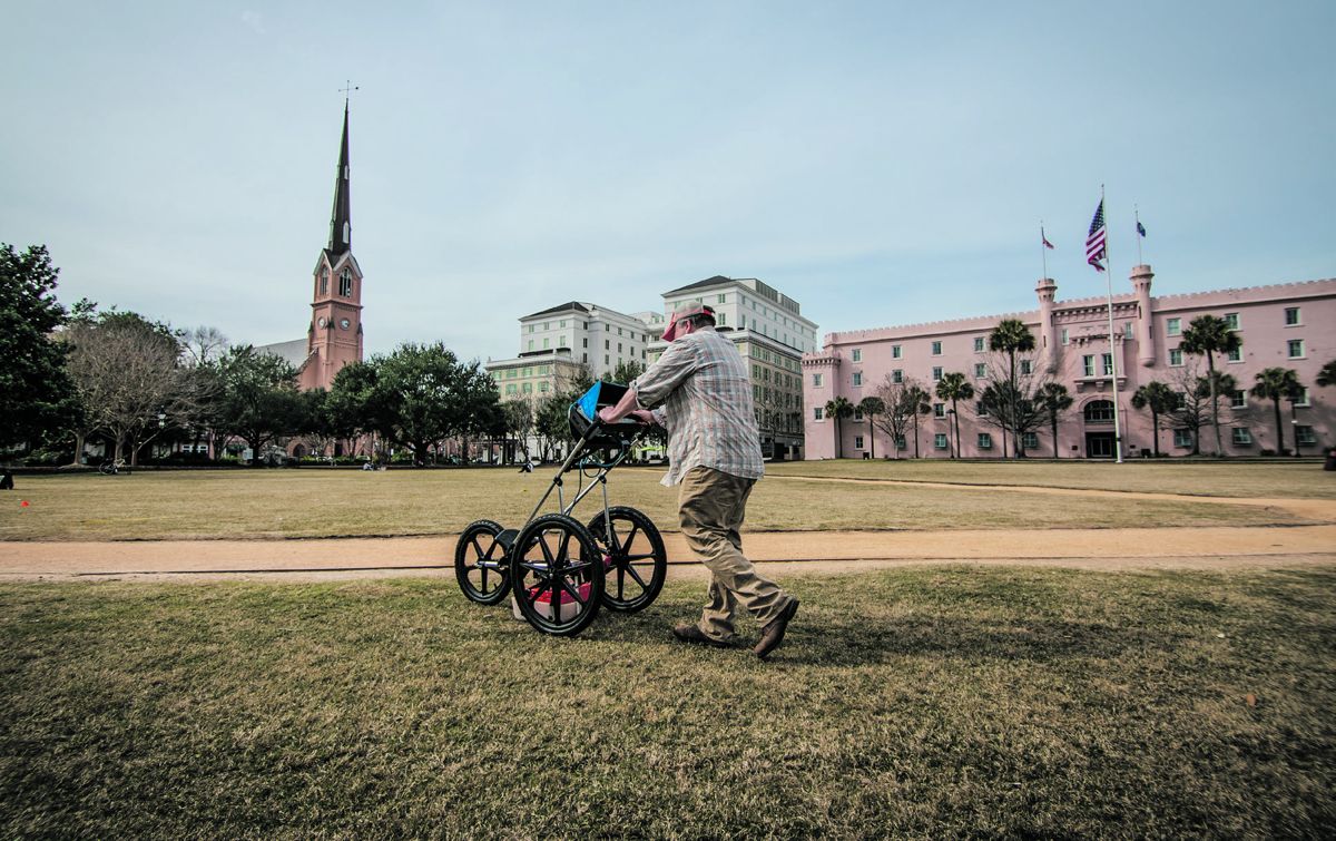 Students from Clemson and College of Charleston operating a ground penetrating radar to identify below ground remnants of the Hornwork and determine how much remains and better understand its scale.