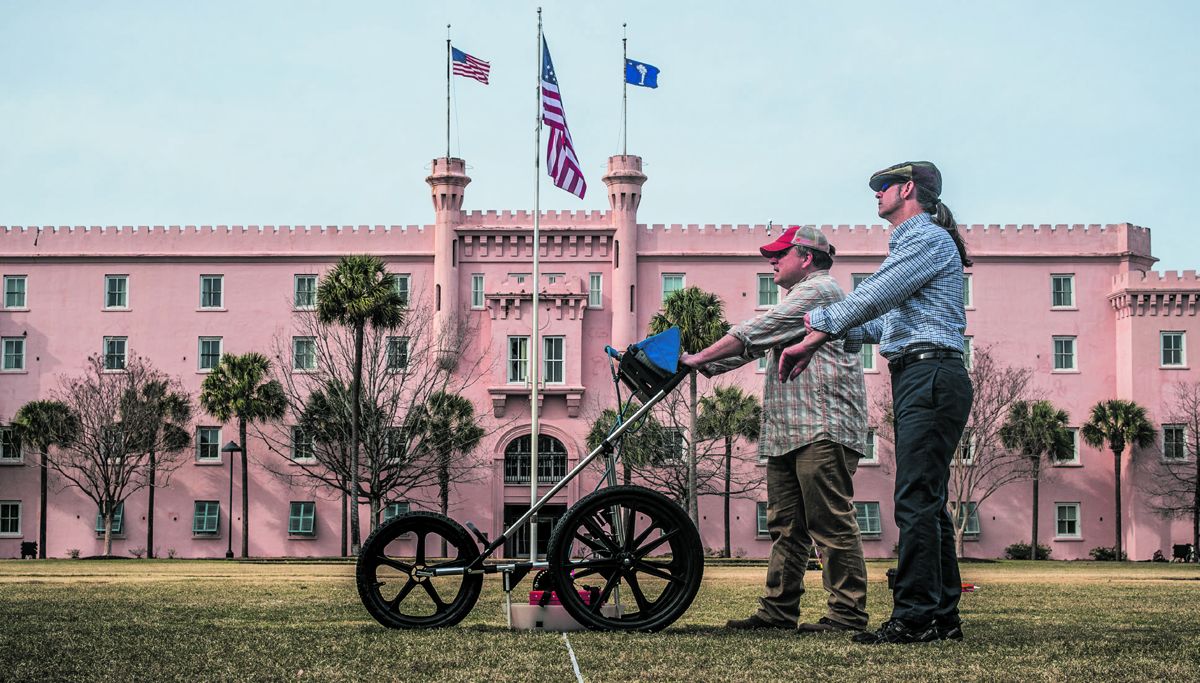 Students from Clemson and College of Charleston conduct a ground-penetrating radar survey of Marion Square in downtown Charleston, S.C. Marion Square was the location of the Revolutionary War-era “hornwork,” part of the defenses of Charleston. The original Citadel appears in the
