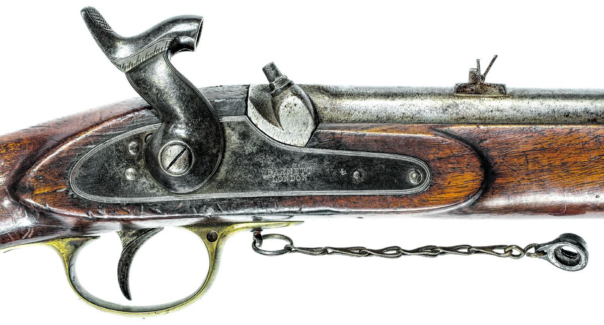 Lock and rear sight of a Barnett manufactured P1856 cavalry carbine imported by the Confederacy.