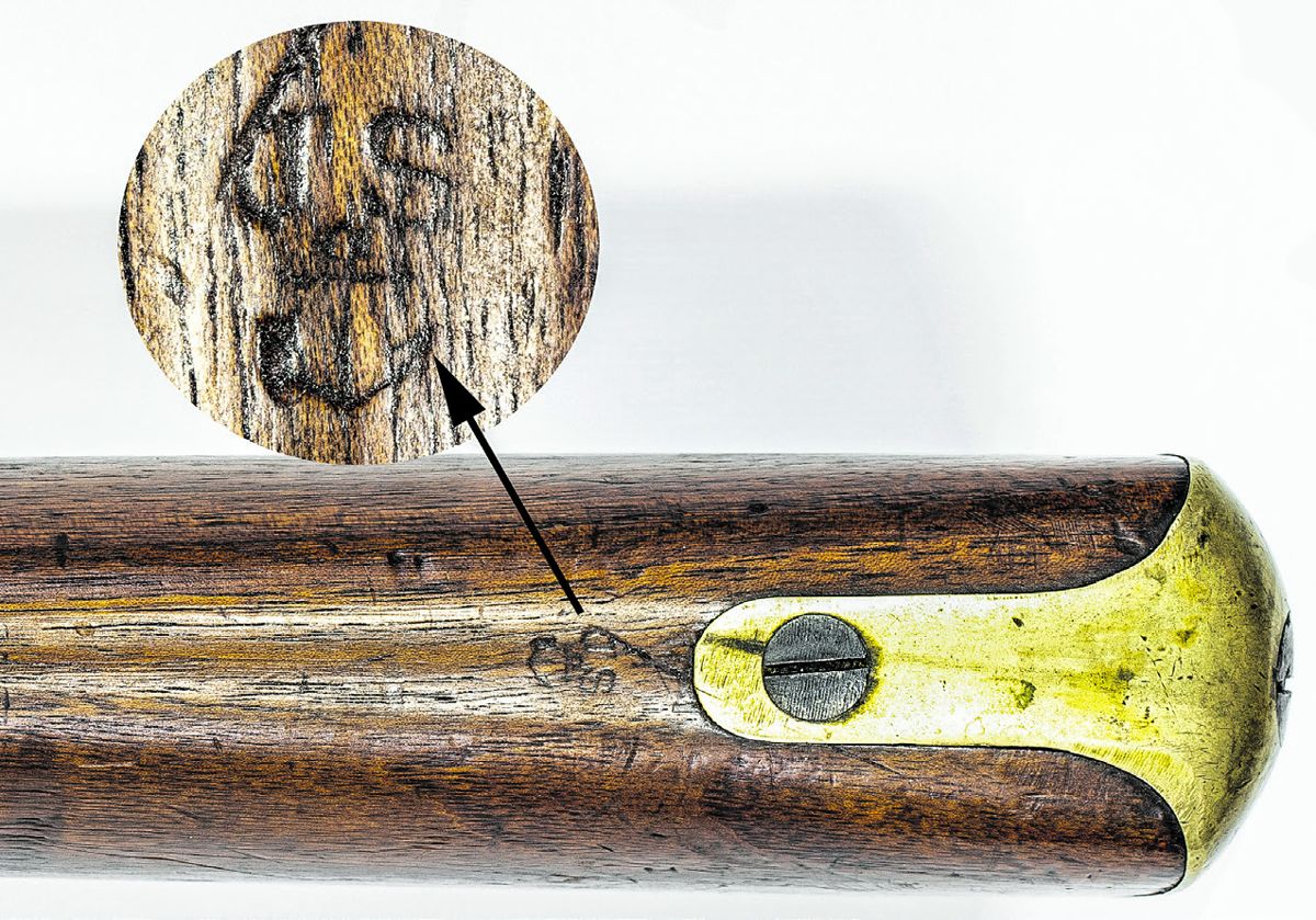 JS / Anchor Confederate inspection mark on the comb of the stock of the Barnett P1856 cavalry carbine. (All photos by Tim Prince)